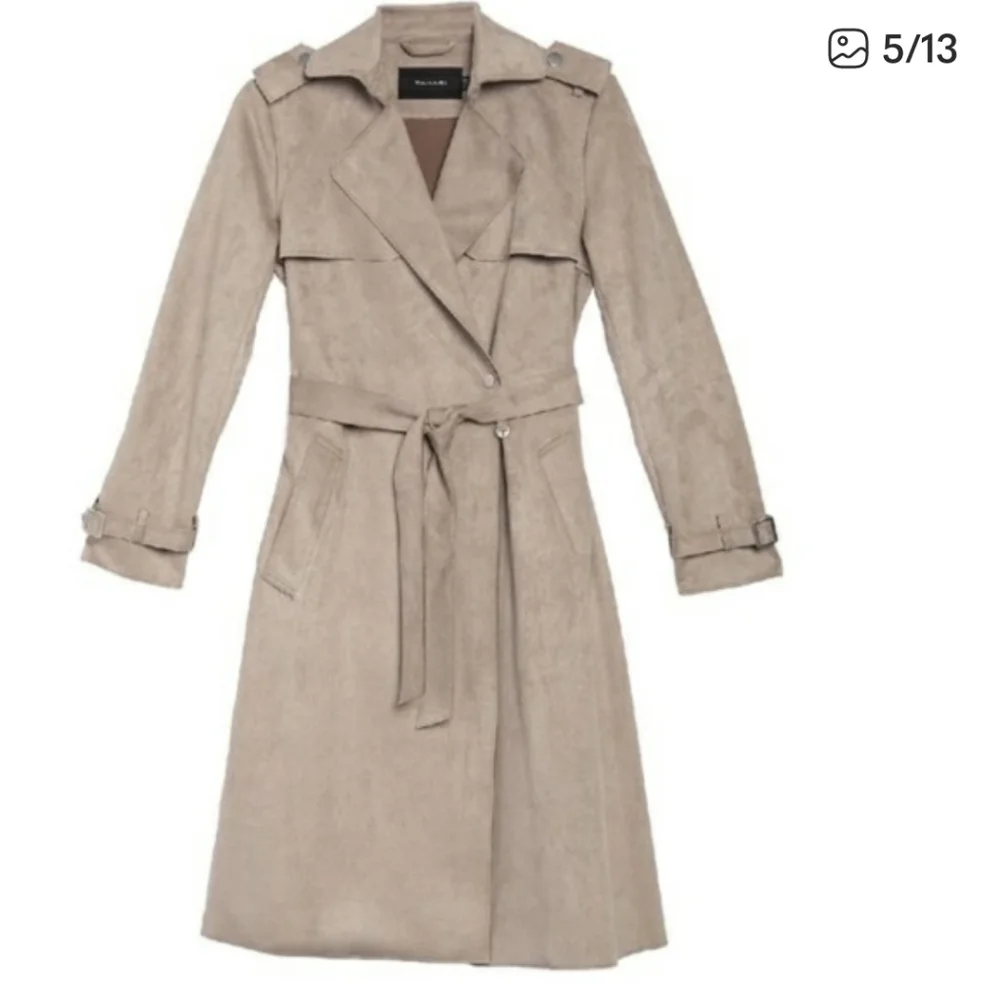 T Tahari Plus Size Mel Faux Suede Classic Trench Coat Light Taupe - Picture 14 of 15
